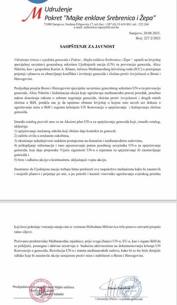 Pismo udruženja "Majke Srebrenice"